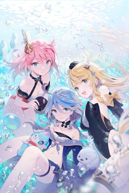  furina navia charlotte leisurely otter and bubbly seahorse genshin impact drawn by ritsuki sample 6