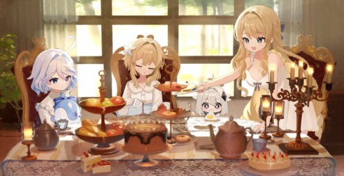  lumine furina paimon navia and surintendante chevalmarin genshin impact drawn by miyako draw sample