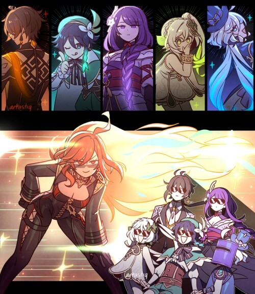  raiden shogun furina zhongli nahida venti and 1 more genshin impact and 1 more drawn by artastiq sa