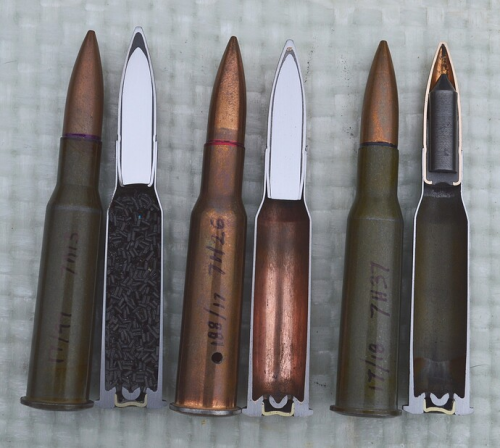 .62x54R Russian Armor Piercing 7H13 (PP) with purple neck and red primer sealant, 7H26 (BP) with red neck and primer sealant. Both of these have U12A type steel with heat treatment, a hardened steel core. So are these the same bullet?
7H37 with black neck and primer sealant and a KB8 (92% tungsten 8% cobalt) tungsten carbide core.