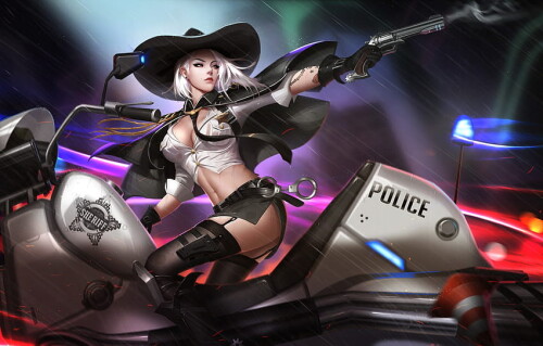 desktop wallpaper girl police bike motorcycle chase blizzard art game illustration revolver ashe lia