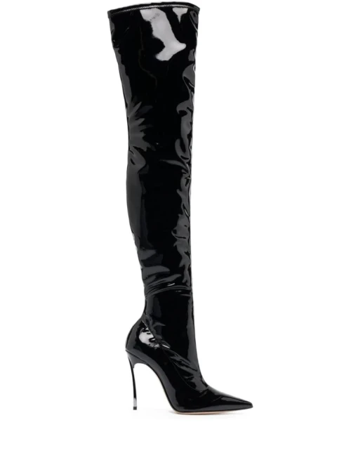 CASADEI 'Ultrablade Ultravox' Black Pointed Over-The-Knee Boots with Stiletto Heel in Patent Vegan L