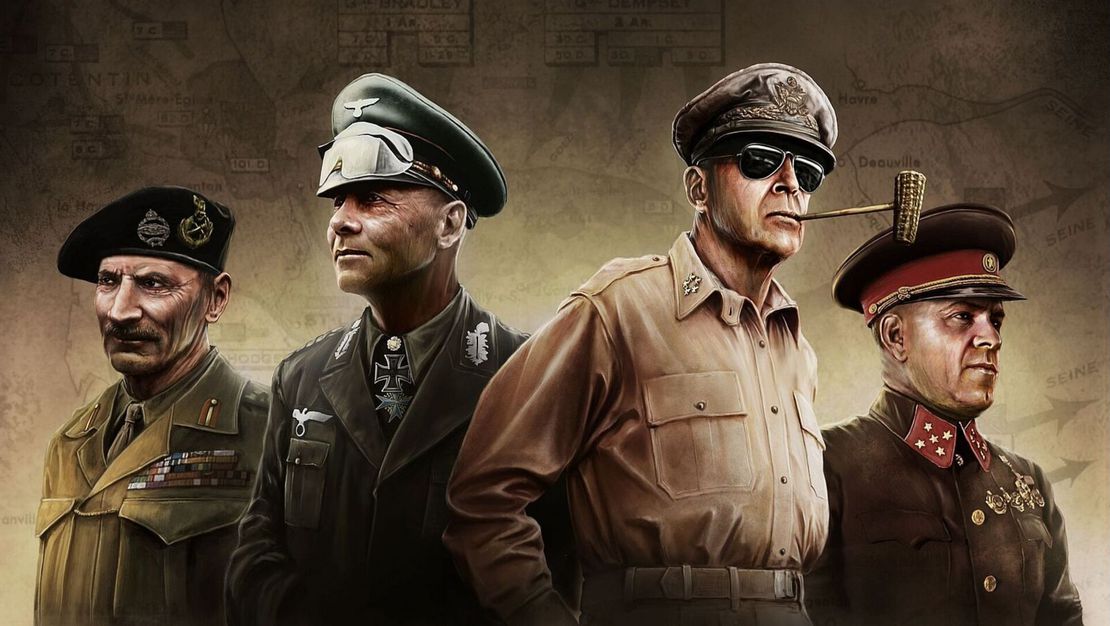 hoi4 poster from steam, showing portrait of Rommel and MacArthur