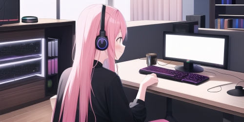 pink hair, long hair, computer, desk, happy, hololive gamers, headphones, lookin s 1573920678 edit s