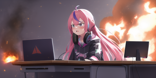 pink hair, long hair, computer, desk, hololive gamers, headphones, angry, throwi s 3864482172 edit s