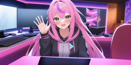 pink hair, long hair, computer, desk, happy, waving, hololive gamers s 3648933733 edit standard heig