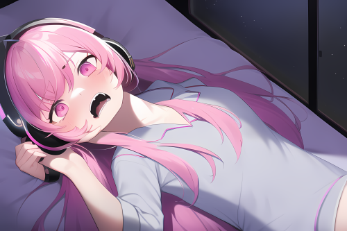 masterpiece, pink hair, long hair, hololive gamers, headphones, lying in bed, pi s 1433318638 waifu2