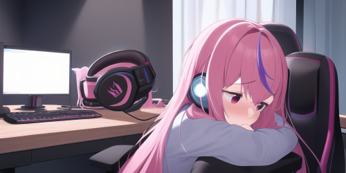 pink hair, long hair, computer, desk, hololive gamers, headphones, looking away, s 756065809 edit st
