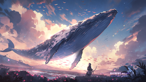 2912 x 1632 ,wallpaper ,pixiv ,flying whales ,Alchemy Stars ,digital art ,watermarked ,whale ,sky ,clouds ,water ,standing ,animals ,leaves ,sunlight ,birds ,wallhaven