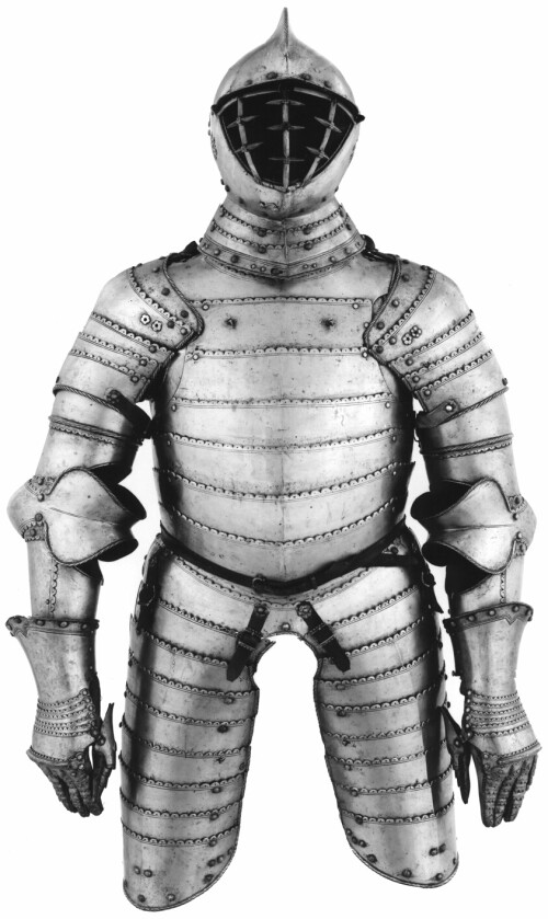 This armor is complete with a breast and backplate called an anime that is entirely composed of overlapping segments (lames) held together by rivets and internal leather bands. During the mid-16th century a new form of lightly armored horseman developed, armed with pistols rather than the traditional lance. These cavalrymen often favored this segmented design as it offered more flexibility across the chest to ride comfortably and reload their weapons. An open-faced helmet also helped aiming. The spiked bar defense protected against sword cuts across the face.