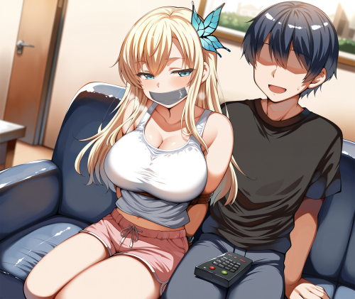 1 4 00050 0.2, 1girl, kashiwazaki sena, memoi, blue eyes, bdsm, tape gag, on blue couch, living room