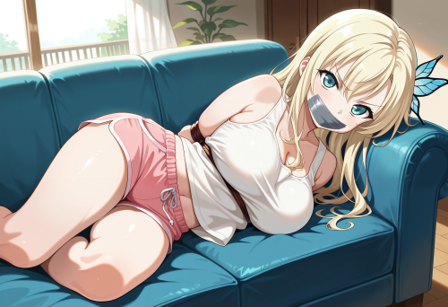 1 2 00027 0.2, 1girl, kashiwazaki sena, memoi, blue eyes, bdsm, tape gag, looking at viewer, on blue
