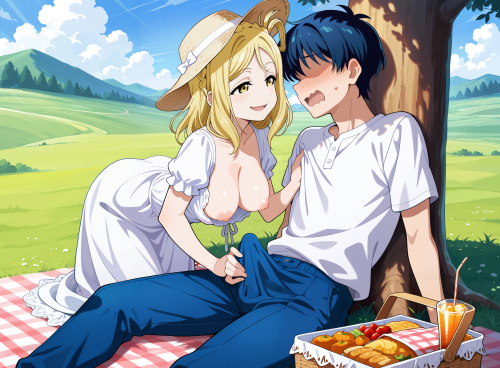 1 1 00069 0.3, 1girl, ohara mari, memoi, yellow eyes, picnic, picnic basket, food, drinks, on grass,